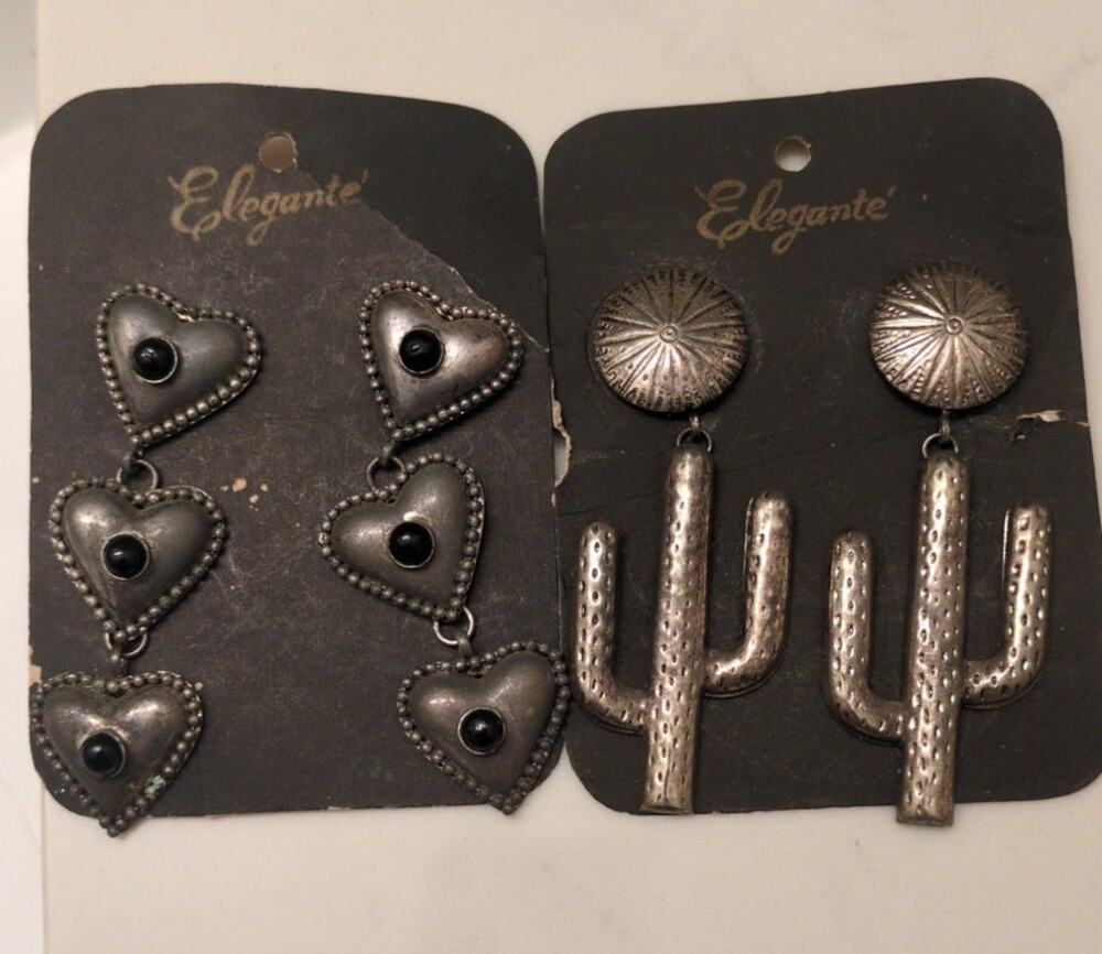Vintage LOT! Southwestern Silver Tone Triple Heart Dangle Earrings Black Bead